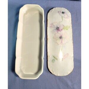 Ceramic Jewelry Trinket Box Rectangle Dish w/Gold Trim Covered Elongated